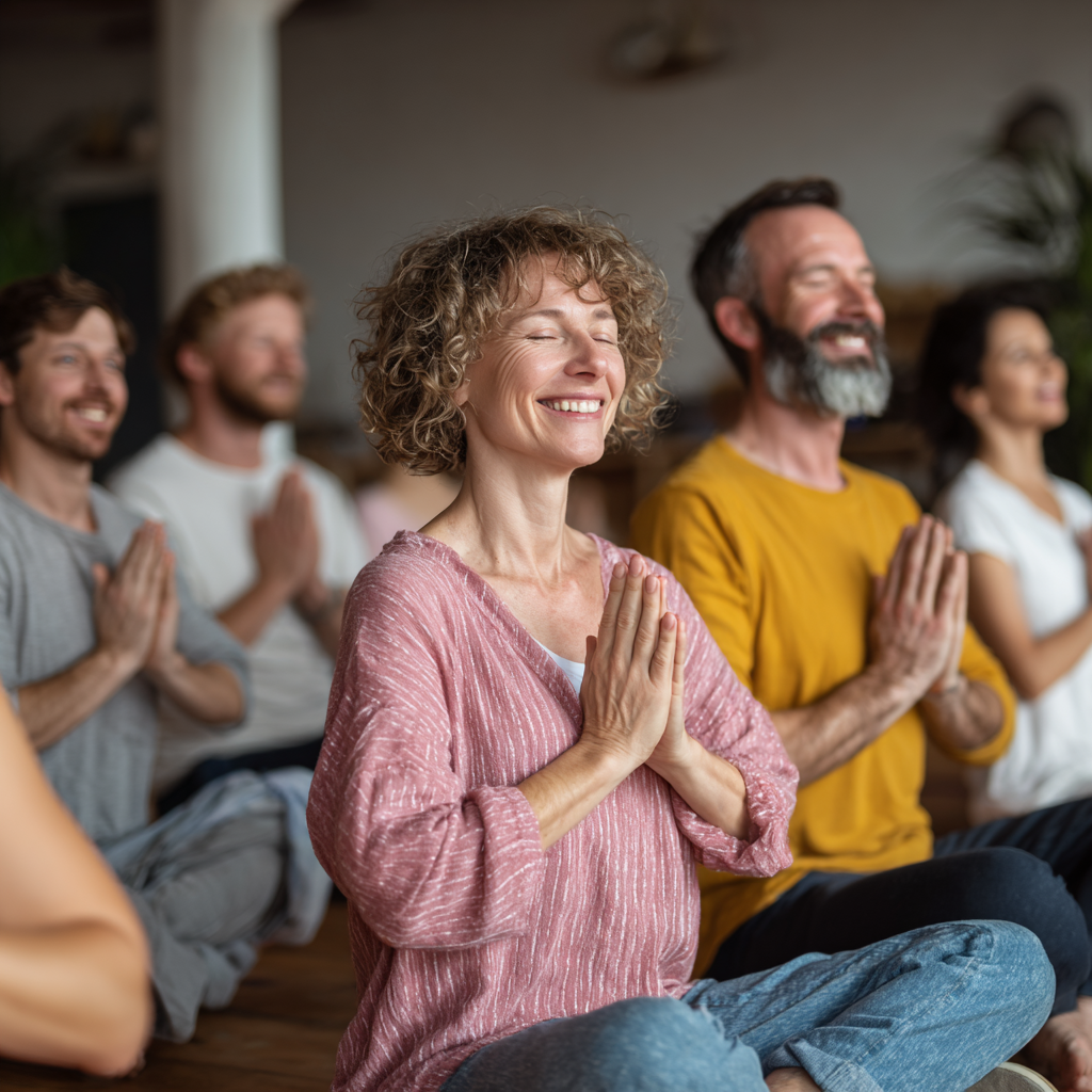 Smiling middle-aged European woman in comfortable yoga clothes sitting in lotus pose on a yoga mat, surrounded by soft natural lighting, peaceful expression, wellness and health concept
