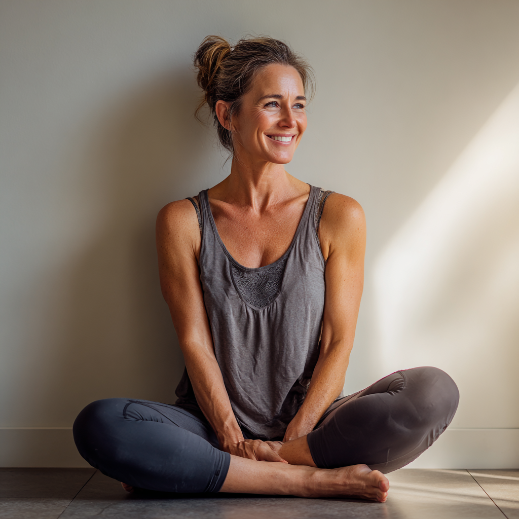 Cheerful European instructor in yoga studio, welcoming pose with arms open, warm smile, professional yoga attire, inviting and peaceful atmosphere